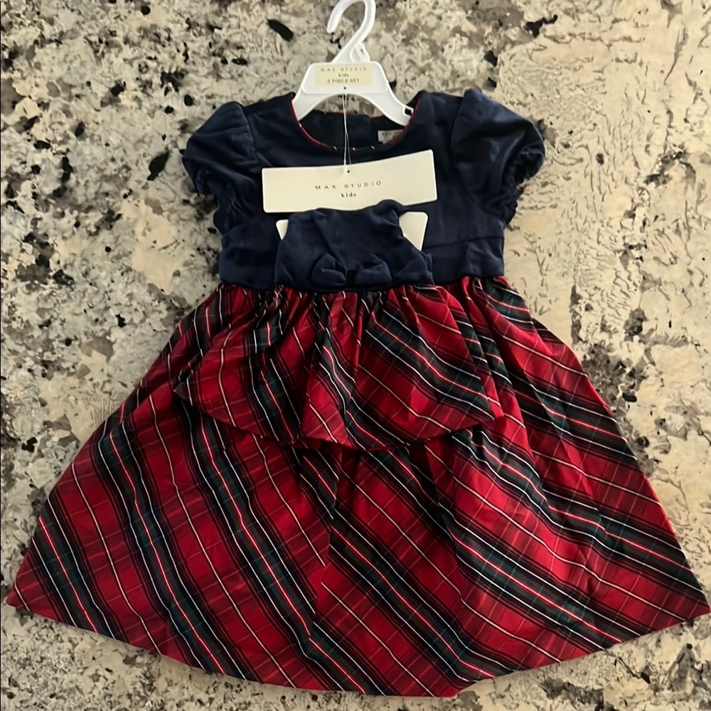 Max Studio Navy and Red Plaid Formal Kids Dress